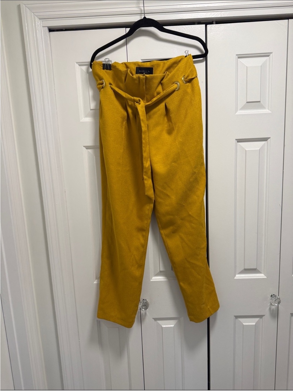High-Rise Mustard Paperbag Pants with Waist Tie - Unbranded